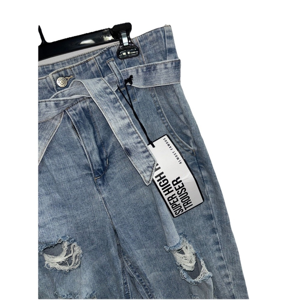 NWT Almost Famous Size 9 Super High Rise Paperbag Trouser Jeans Distressed Belt - Picture 6 of 15